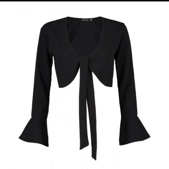 Black Long Sleeve Tie Front Crop Top - Picture 3 of 3